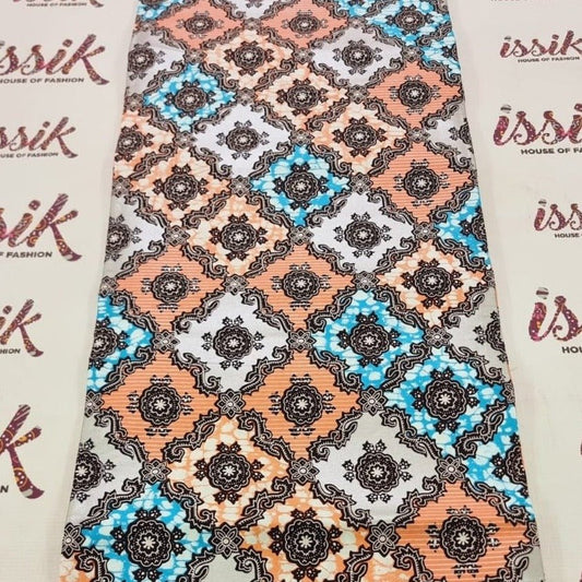Peach & Blue Embellished Gold African Print Fabric - House of Prints
