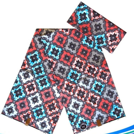 Peach & Blue Embellished Gold African Print Fabric - House of Prints