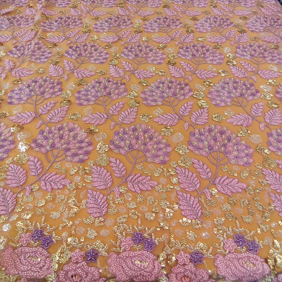 Pink Beaded Bridal Lace Fabric - House of Prints