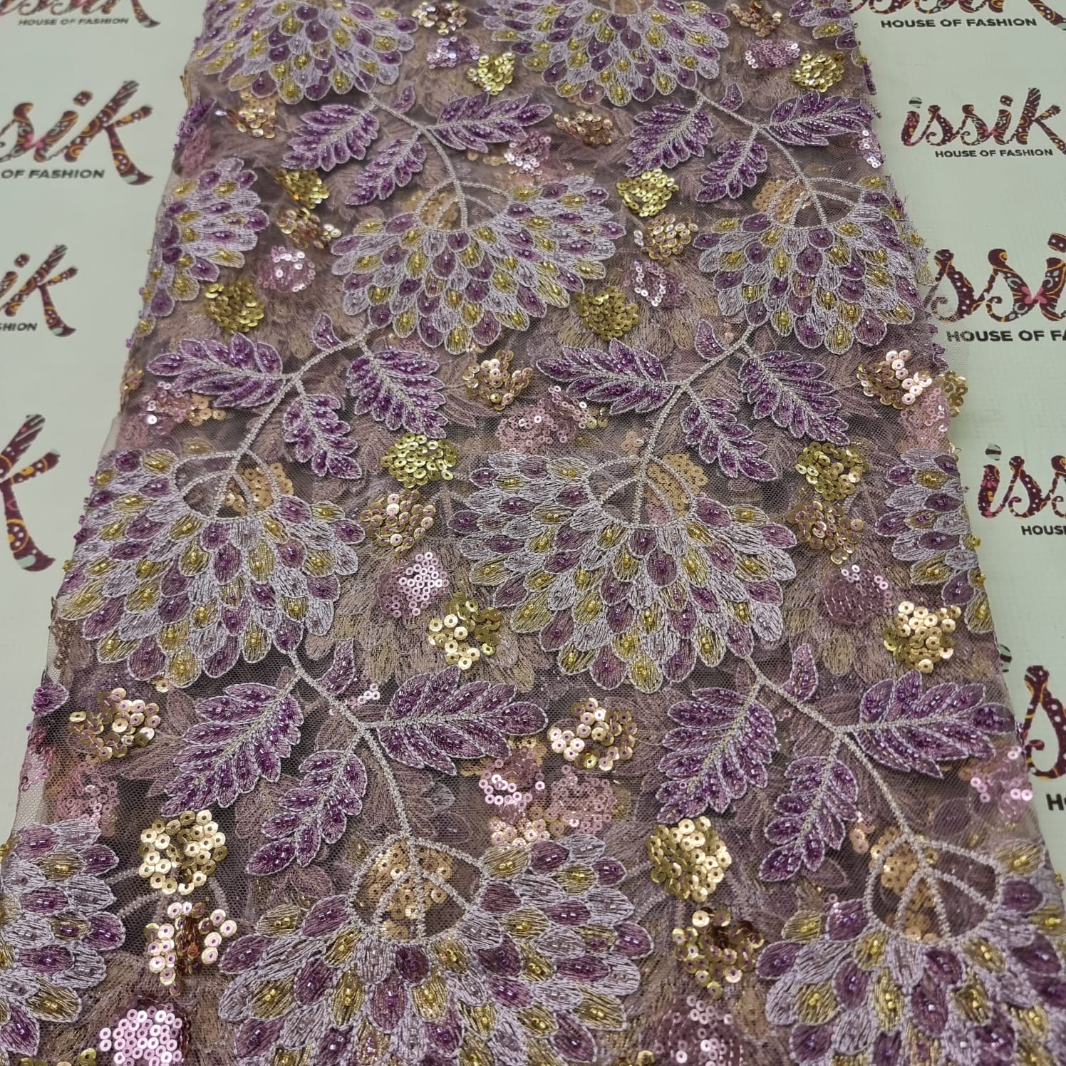 Purple and Gold Beaded Lace Fabric - House of Prints