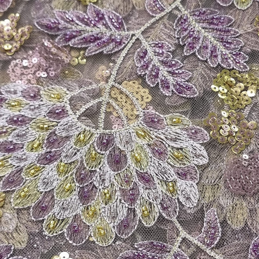 Purple and Gold Beaded Lace Fabric - House of Prints