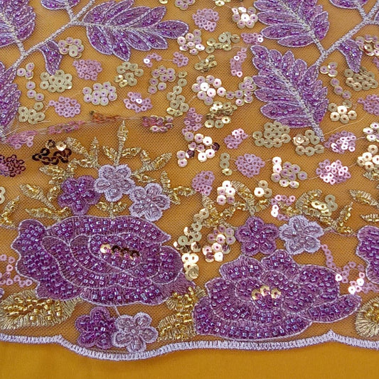Purple and Gold Beaded Lace Fabric - House of Prints