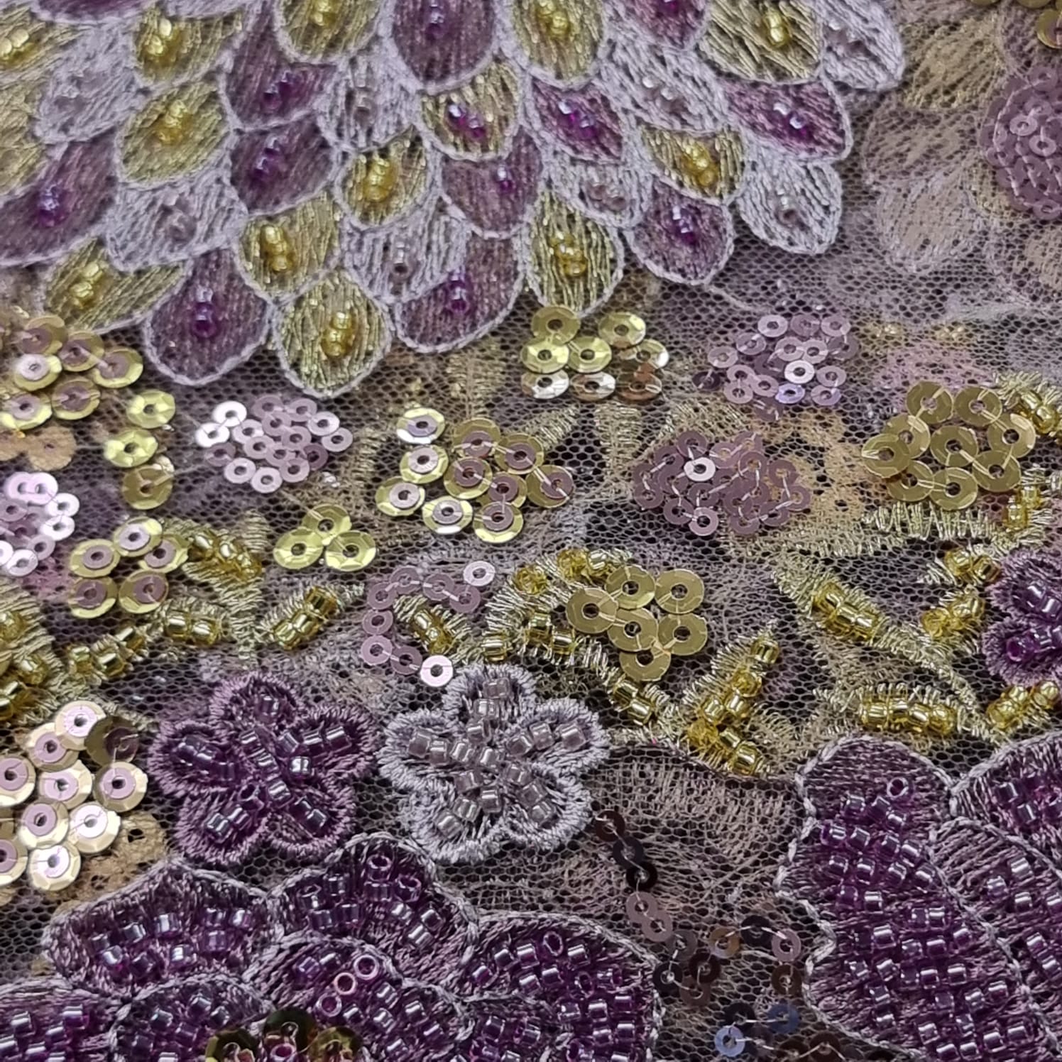 Purple and Gold Beaded Lace Fabric - House of Prints