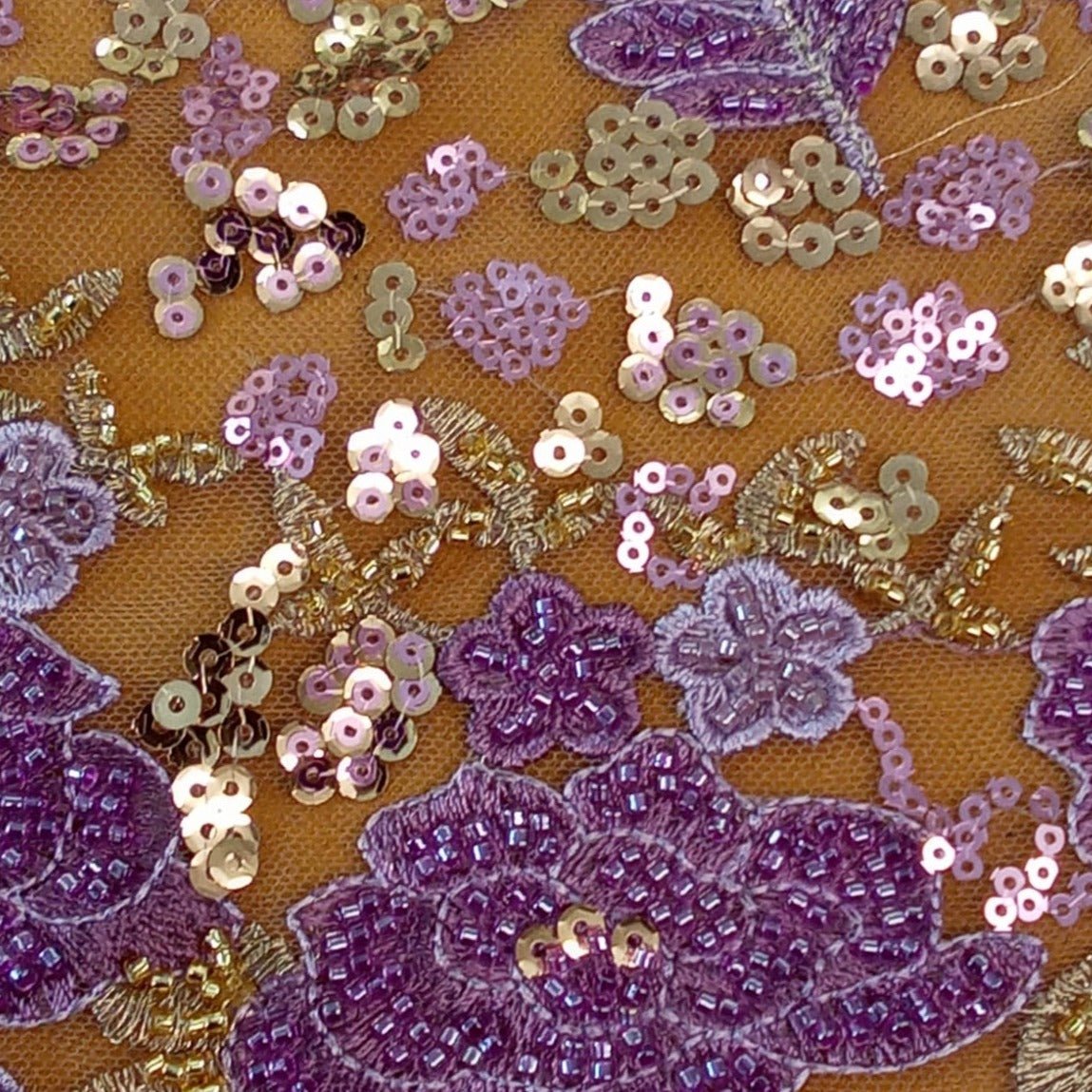 Purple and Gold Beaded Lace Fabric - House of Prints