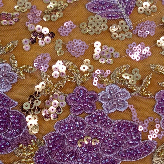 Purple and Gold Beaded Lace Fabric - House of Prints