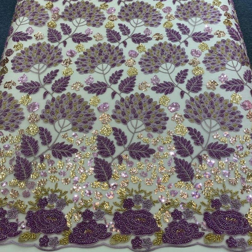 Purple and Gold Beaded Lace Fabric - House of Prints