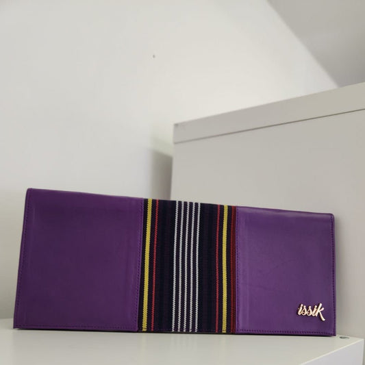 Purple & Yellow Leather & Aso-Oke Clutch Purses - House of Prints
