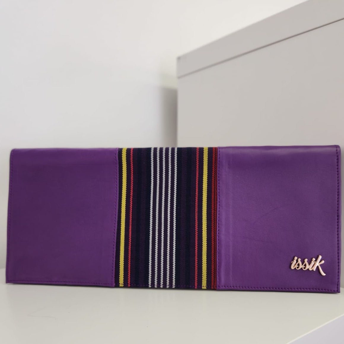 Purple & Yellow Leather & Aso-Oke Clutch Purses - House of Prints