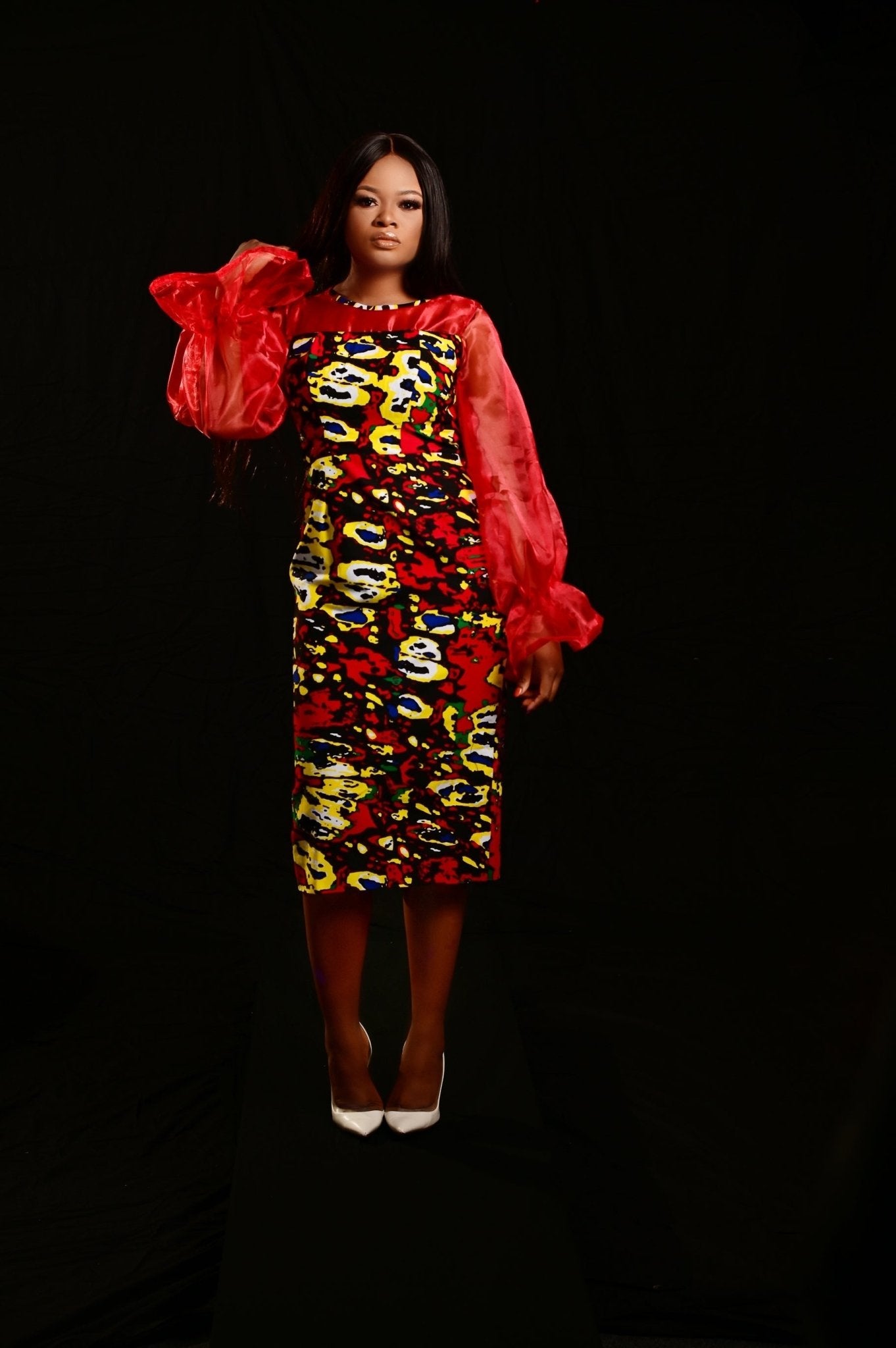 Red African Print Dress with Organza Sleeves - rtw100 - House of Prints