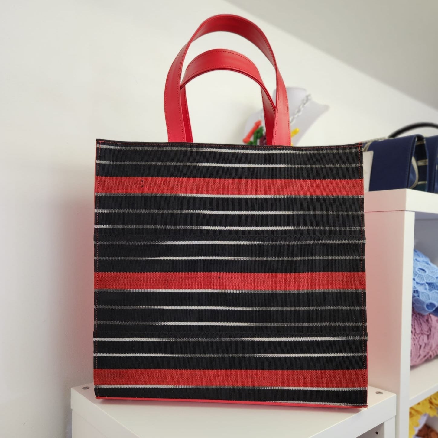 Red Leather Aso-Oke Large Tote Bag - House of Prints