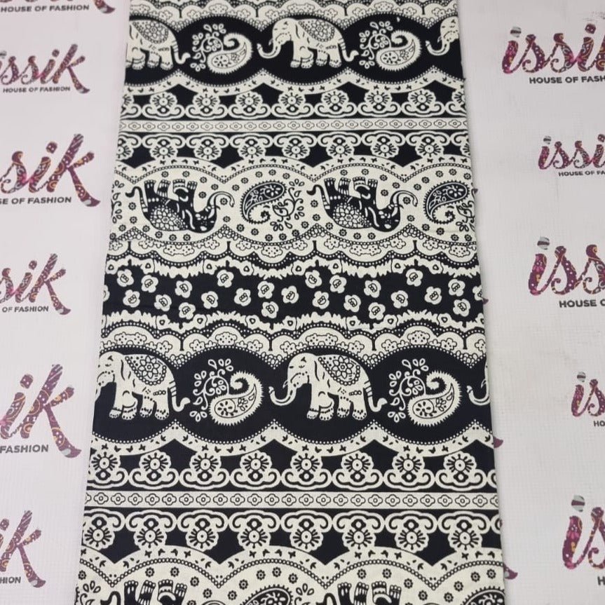 White & Black Ankara Fabric (Elephants) - House of Prints