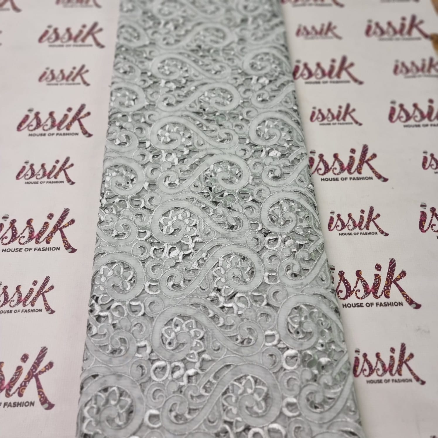 White & Silver Hand Cut Organza Lace Fabric. - House of Prints