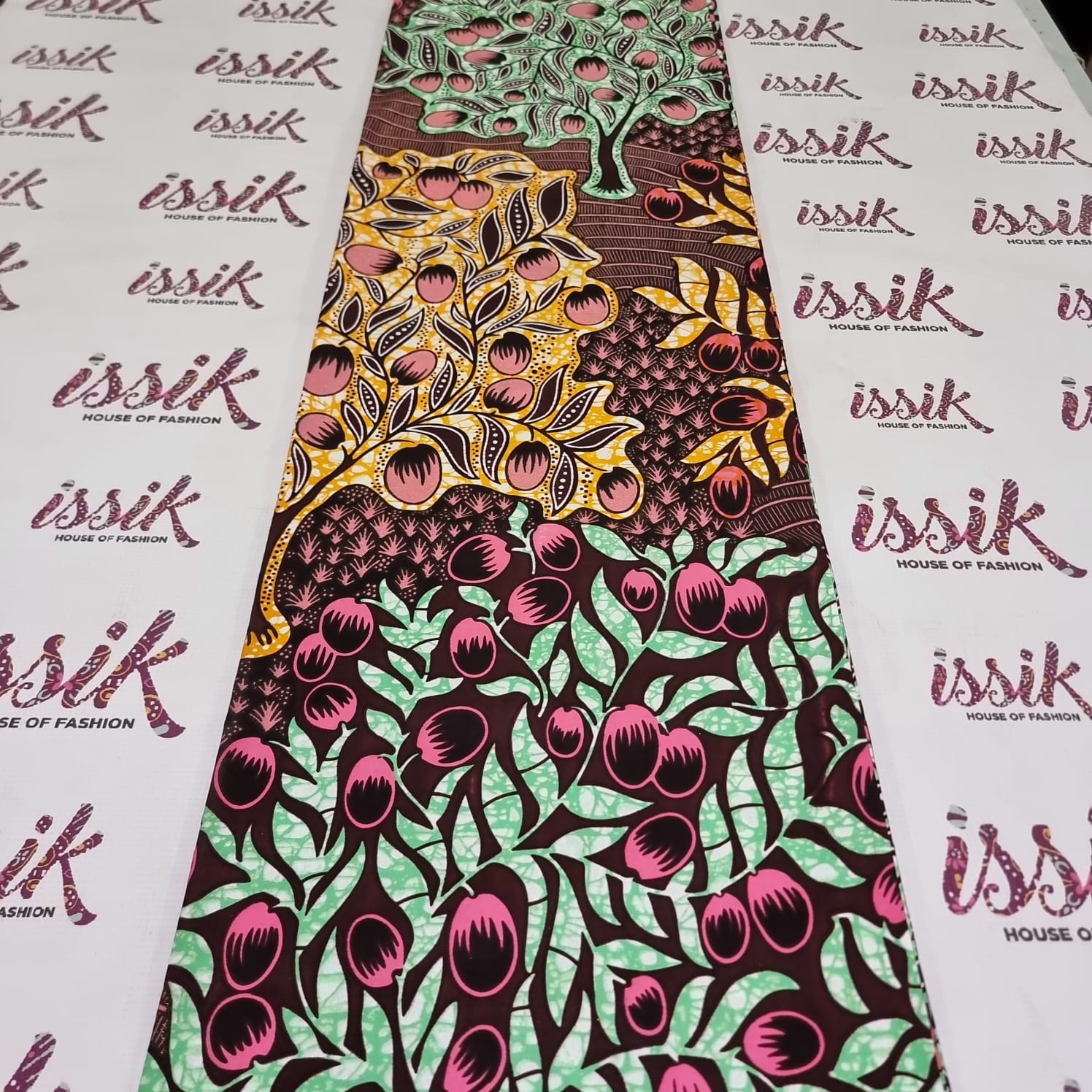 Wine, Green and Yellow Embellished Gold African Fabric. - House of Prints