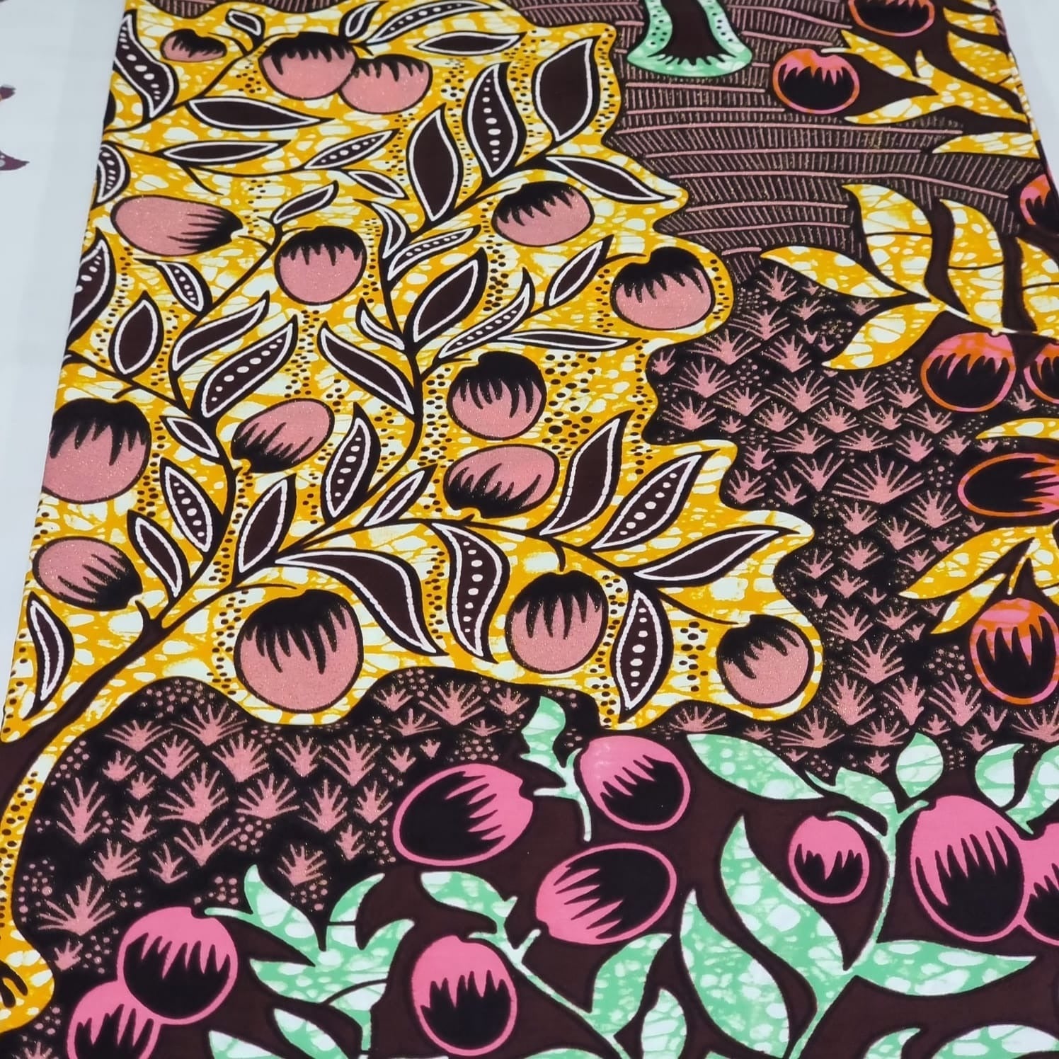 Wine, Green and Yellow Embellished Gold African Fabric. - House of Prints