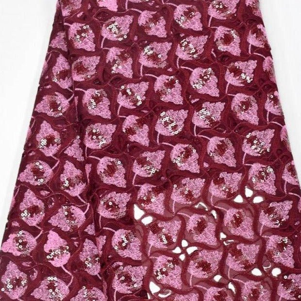 Wine & Pink Laser Cut Cotton Lace - ial042 - House of Prints