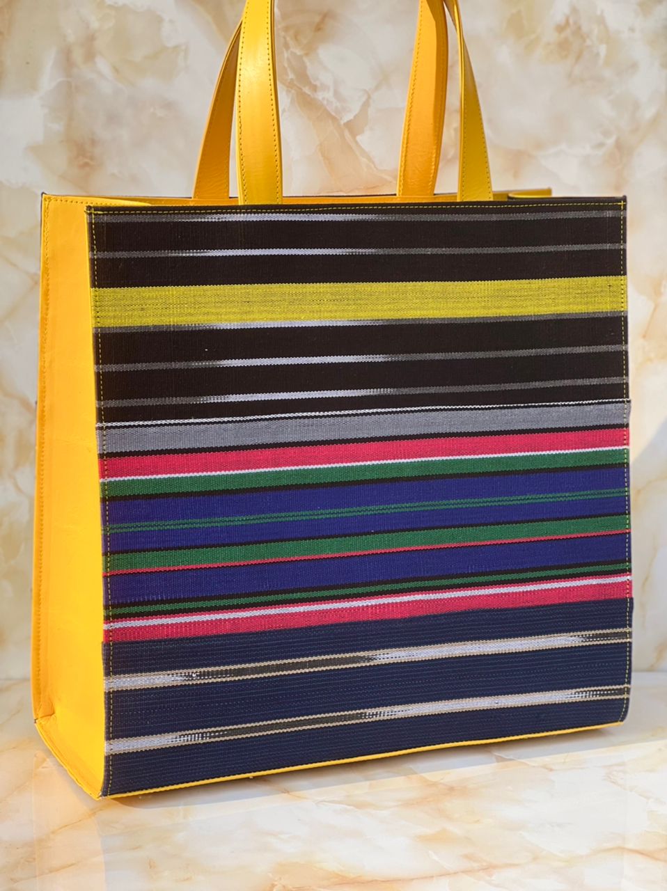 Yellow Leather Aso-Oke Large Tote Bag - House of Prints